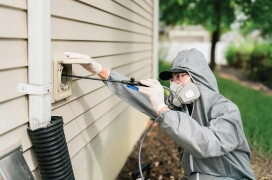 Professional dryer vent cleaner wears full gear and mask while cleaning residential dryer vent from outside house.