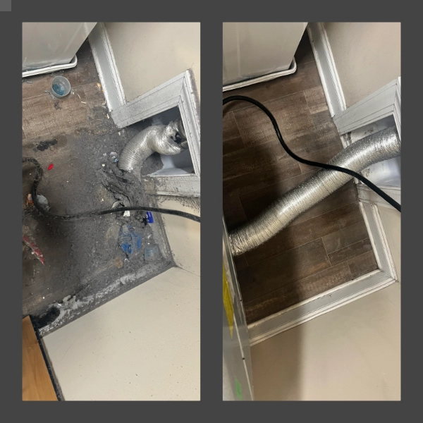 A before and after image of a dryer vent and the areas behind the dryer before and after cleaning.